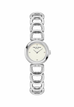 Sølvfarvet Rag & Bone armbåndsur med kædeled af forbundne ovaler og minimalistisk hvid urskive, der viser time- og minutvisere klokken 10:10.