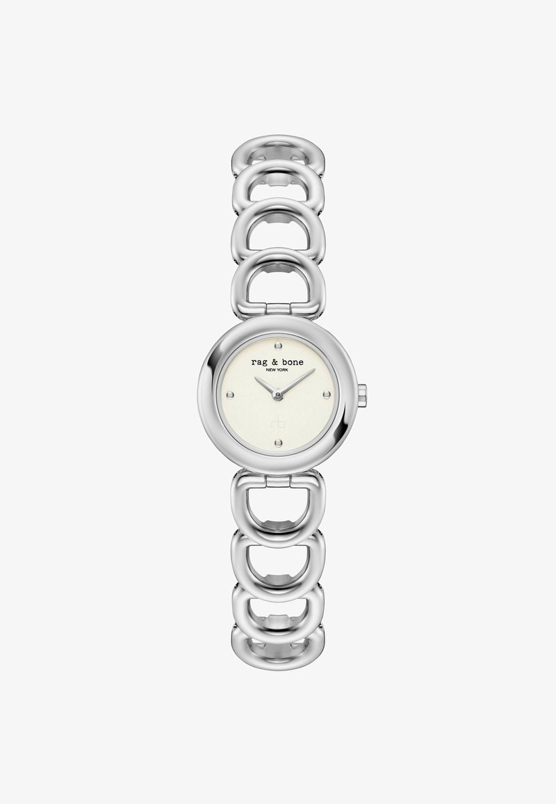 Silberne Rag & Bone Armbanduhr mit oval verlinktem Kettenarmband und minimalistischem weißen Zifferblatt, das die Stunden- und Minutenzeiger auf 10:10 Uhr zeigt.