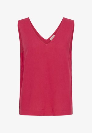 Haut sans manches fuchsia avec un décolleté en V, confectionné dans un tissu doux et texturé, présentant une coupe ample et légèrement décontractée, sans ornements.