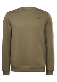 Olivově zelená mikina Reebok s kulatým výstřihem, žebrovanými manžetami a dolním lemem, s malým logem potištěným na levé hrudi. Materiál z bavlněné směsi.