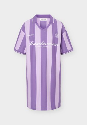 Purple and lavender vertical striped short-sleeve polo dress with white "Scandinavian Football Community" text and logo on chest.