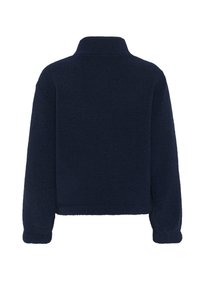 Veste en polaire bleu marine à manches longues et col montant, vue de dos.