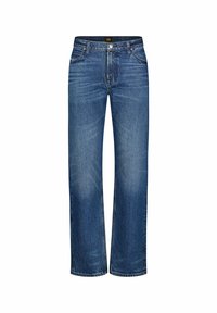 Jeans rectos azules hechos de mezclilla, con un diseño clásico de cinco bolsillos y una cremallera con cierre de botón de metal.