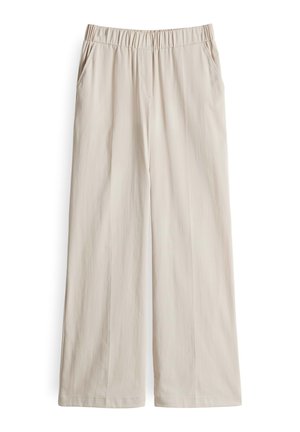 Lichtbeige wijde pijpen broek met een elastische tailleband. Bevat twee zijzakken en een gladde, textuurrijke stof.