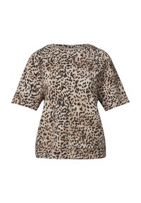 Krátkosleeve blůza z béžové tkaniny s černým a hnědým leopardím vzorem. Má kulatý výstřih a volný střih.