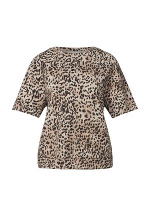 Korte mouwen blouse in een beige stof met een zwart en bruin luipaardprintpatroon. Heeft een ronde halslijn en een ontspannen pasvorm.