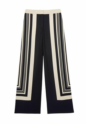 Nohavice so širokými nohavicami s čierno-krémovým geometrickým vertikálnym a obdĺžnikovým pruhovaným vzorom, rovný predok a pás s opaskom.