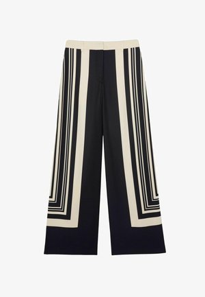 Broek met wijde pijpen en zwart-crème geometrisch verticaal en rechthoekig streeppatroon, platte voorkant en tailleband.
