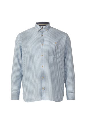 Hellblau kariertes Langarmhemd mit Button-Down-Kragen, einer Brusttasche und braunen Knöpfen. Hergestellt aus einem strukturierten Stoff.