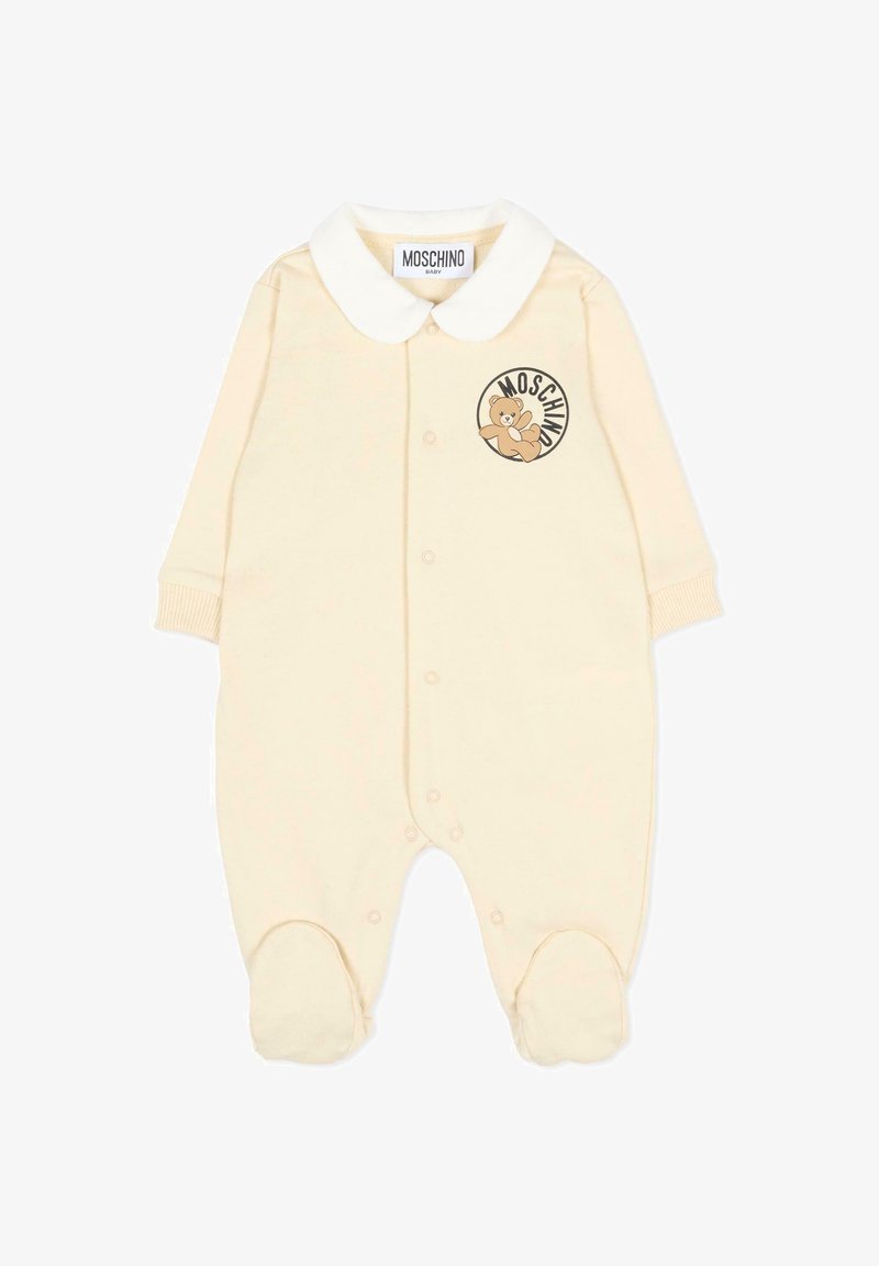 Body per neonato color crema con colletto bianco, bottoni a pressione frontali, gambaletti chiusi e logo di un orsetto con la scritta "Moschino" sul petto.