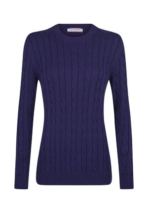 Pull en maille bleu marine avec motif en torsades, col rond, et finitions côtelées aux poignets et à l'ourlet. Manches longues et texture légère.