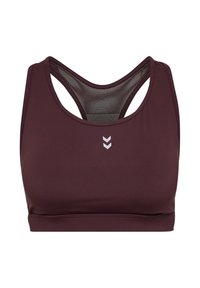 Dieprode sportbeha met een gladde textuur, racerback-ontwerp en een inzetstuk van mesh. Heeft een klein logo aan de voorkant.