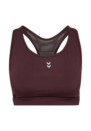 Dunkelroter Sport-BH mit glatter Textur, Racerback-Design und einem Einsatz aus Netzmaterial. Verfügt über ein kleines Logo auf der Vorderseite.