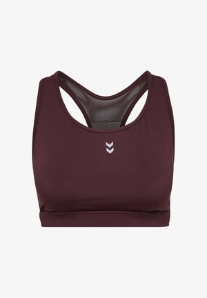 Dunkelroter Sport-BH mit glatter Textur, Racerback-Design und einem Einsatz aus Netzmaterial. Verfügt über ein kleines Logo auf der Vorderseite.