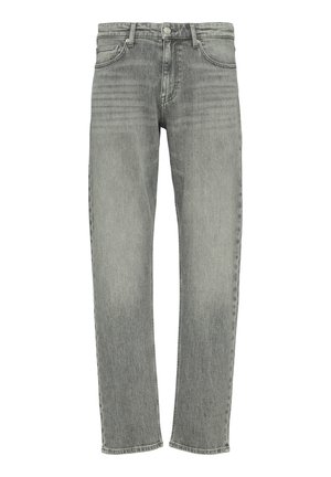 Grijze denim jeans met een rechte pasvorm, voorzien van een standaard tailleband, vijf zakken en subtiele vervaging in de stofstructuur.