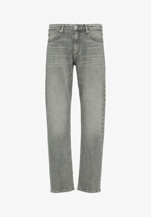Grijze denim jeans met een rechte pasvorm, voorzien van een standaard tailleband, vijf zakken en subtiele vervaging in de stofstructuur.