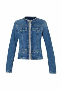 Modrá džínová bunda s dlouhými rukávy, předním zipem, dvěma náprsními kapsami a dvěma dolními kapsami s klopou, se zakrytým lemem kolem zipu.
