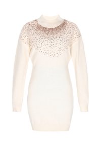 Suéter de manga larga en crema con un diseño ajustado, que presenta un patrón de joyas en la parte superior del torso. Textura suave y cuello y puños acanalados.