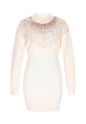 Pulover crem cu mâneci lungi, cu un design ajustat, având un model cu pietre prețioase pe partea superioară a corpului. Textură moale și guler și manșete cu benzi.