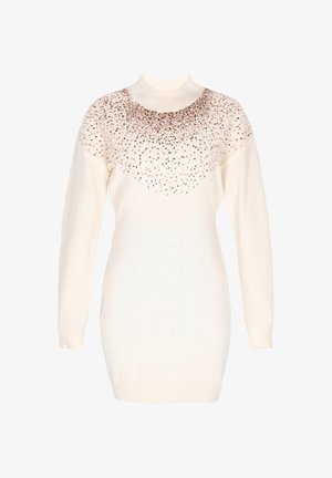 Cremefarbener Pullover mit langen Ärmeln und taillierter Passform, der ein mit Schmucksteinen besetztes Muster im oberen Bereich hat. Weicher Stoff sowie gerippter Kragen und Bündchen.