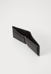 Black leather wallet with a textured finish, featuring multiple card slots and a central compartment. Open, showing interior layout.