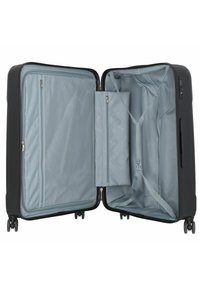 Schwarzer Hartschalenkoffer mit einem hellgrauen Innenraum. Enthält mit Reißverschluss verschlossene Netzfächer, eine Mittelwand und Sicherungsriemen. Vier Rollen.