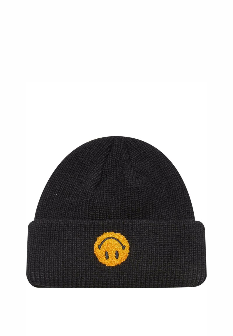 Zwarte gebreide beanie met een rechte omslag. Heeft een geborduurd geel smiley gezicht ontwerp aan de voorkant. Zachte textuur, ribbelmateriaal.
