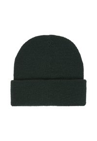 Dark green knit beanie with a textured pattern and a rolled cuff. Made from soft material, it has a flexible shape for comfort and fit.
