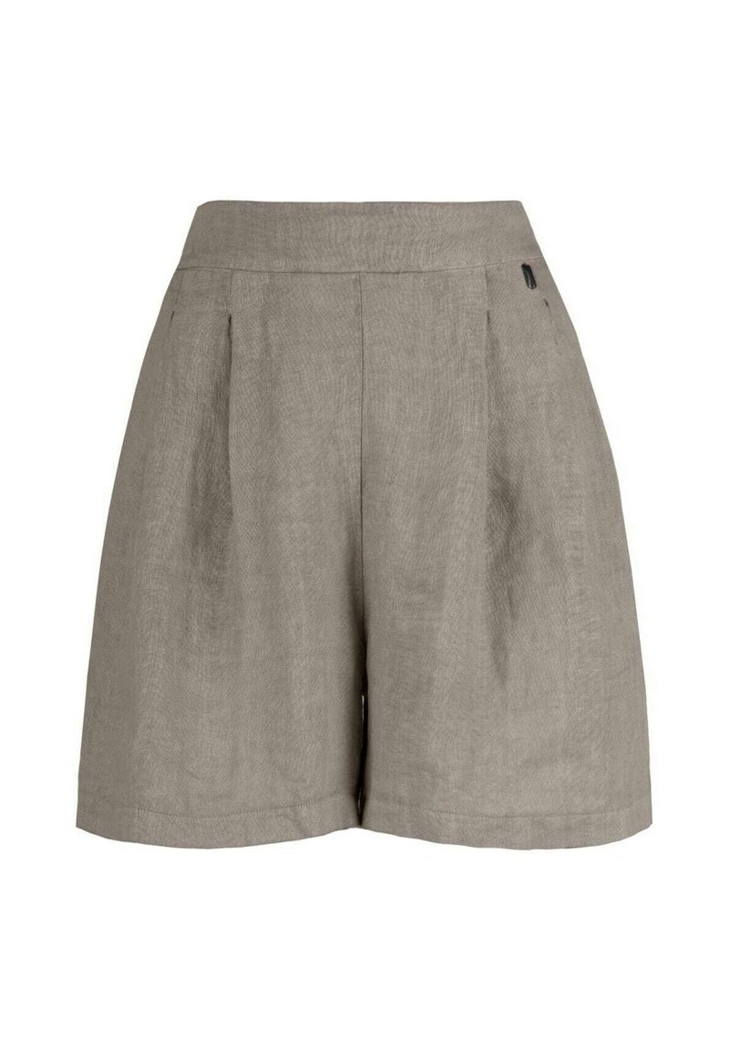  Lichtgrijze linnen shorts met hoge taille, geplooide voorkant en zijzakken. Het ontwerp heeft een gladde textuur en minimale hardware.
