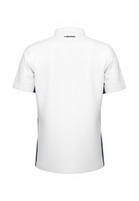 Camisa polo blanca de manga corta con un acento lateral azul marino y un logo negro "HEAD" en la parte posterior del cuello. Textura de tela suave.