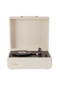 Portable record player with a textured cream exterior, black turntable, and gold hardware accents. Features control knobs on the side.
