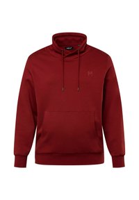 Felpa rossa con colletto alto, cordini regolabili e tasca frontale. Presenta un logo discreto e polsini a coste. Tessuto morbido.