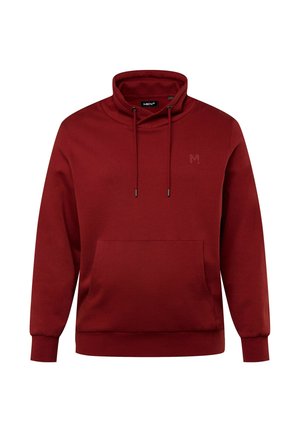 Czerwona bluza z wysokim kołnierzem, regulowanymi sznurkami oraz kieszenią na przodzie. Posiada subtelne logo i ściągacze na mankietach. Miękka tekstura materiału.