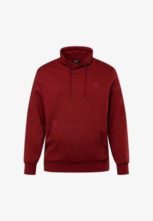 Czerwona bluza z wysokim kołnierzem, regulowanymi sznurkami oraz kieszenią na przodzie. Posiada subtelne logo i ściągacze na mankietach. Miękka tekstura materiału.