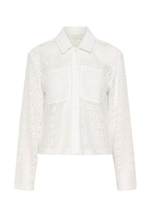 Weißes, langärmeliges Hemd mit Knopfleiste, gefertigt aus Häkelspitze, mit zwei Brusttaschen, klassischem Kragen und leicht taillierter, etwas kürzerer Passform.