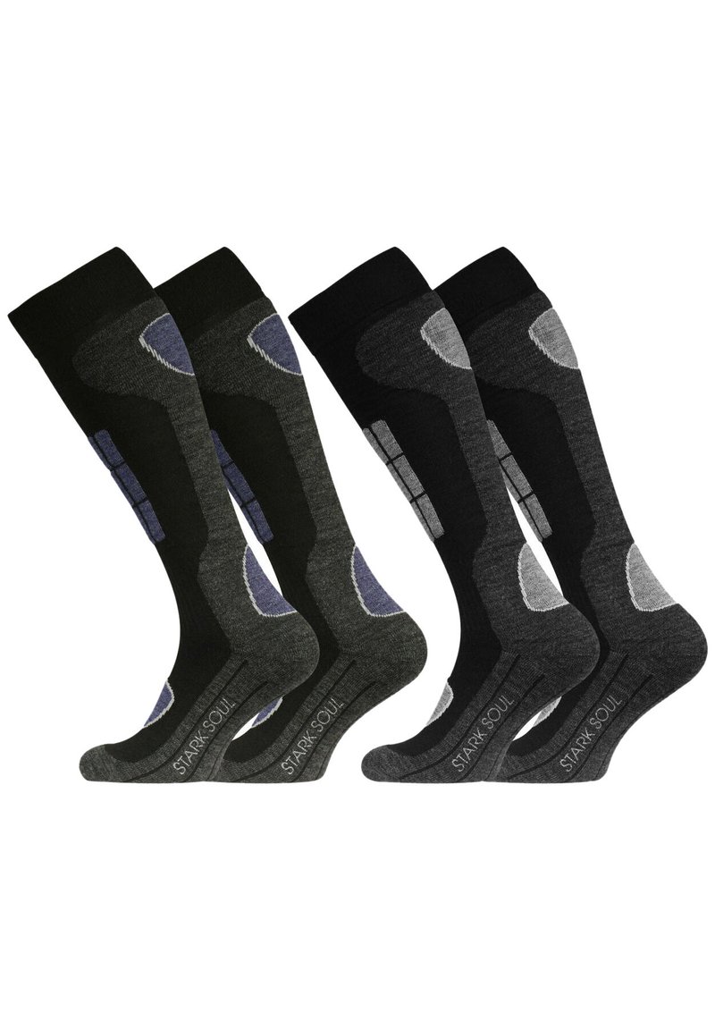Quatre paires de chaussettes montantes, composées d'un mélange de matériaux noirs, gris et gris foncé, avec des accents texturés et des motifs.