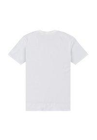 Kraftig hvid kortærmet T-shirt med rund hals vist fladt med bagsiden vendt opad på en hvid baggrund.