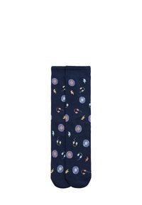 Calcetines navy con patrones de discos de vinilo coloridos, rayos y auriculares, hechos de un tejido elástico para mayor comodidad y durabilidad.