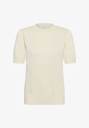 Top tricotat cu mâneci scurte, de culoare crem, cu mâneci bufante, decolteu rotund și manșete și tiv cu dungi elastice.