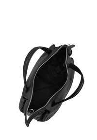 Black leather tote bag with a zip closure. Interior lined with black fabric, featuring dual sturdy handles for carrying. Simple, functional design.