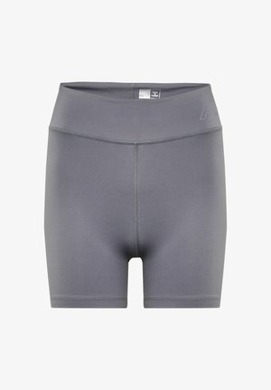 Grå sportsbukser lavet af et glat, strækbart stof. Har en høj talje og minimal syning for komfort og fleksibilitet.