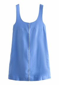 Robe bleu clair sans manches avec encolure carrée et détail de couture verticale visible au centre devant.