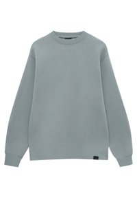 Sudadera gris clara, de cuello redondo, de manga larga, con una textura suave, puños y dobladillo acanalados, presenta una pequeña etiqueta negra en la parte inferior izquierda.