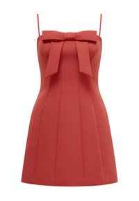 Rotes, ärmelloses Kleid mit strukturierter Silhouette. Verfügt über ein Schleifchen am Ausschnitt und Falten entlang des taillierten Körpers. Glatte Stoffoberfläche.