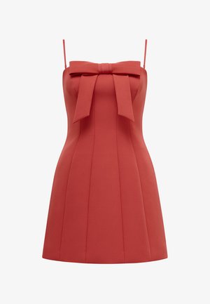 Red, sleeveless dress with a structured silhouette. Features a bow detail at the neckline and pleats along the fitted body. Smooth fabric texture.