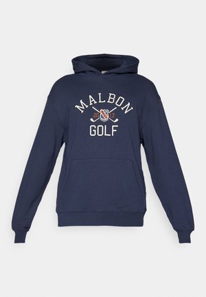 Tengerészeti kék kapucnis pulóver "MALBON GOLF" felirattal és fehér, narancssárga hímzett logóval. Elöl zsebes, hosszú ujjal rendelkezik.