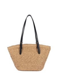 Sac cabas en paille tissée avec des bretelles ajustables en cuir noir et des détails de boucles dorées.