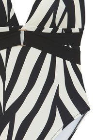 Uimapuku mustavalkoisilla raidoilla, jossa on syvä pääntie ja kootut kankaat, sekä kullanvärinen yksityiskohta vyötäröllä lisäämään tyyliä.