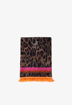 Leopard print scarf featuring a mix of browns and blacks, highlighted by an orange-fringed hem and a bold pink and orange stripe with text.
