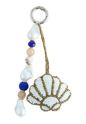Keychain with a beaded white seashell pendant and a strand of mixed beads in white, blue, peach, and gold attached to a silver ring.